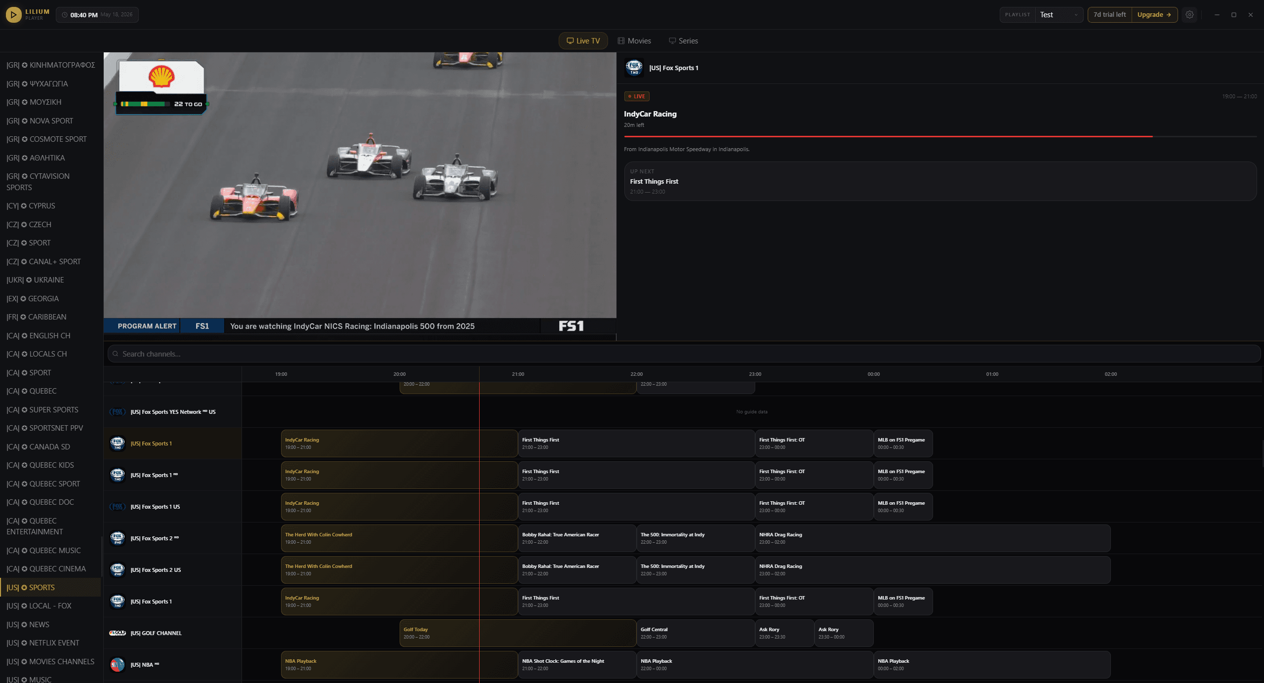 Lilium Player Live TV screen